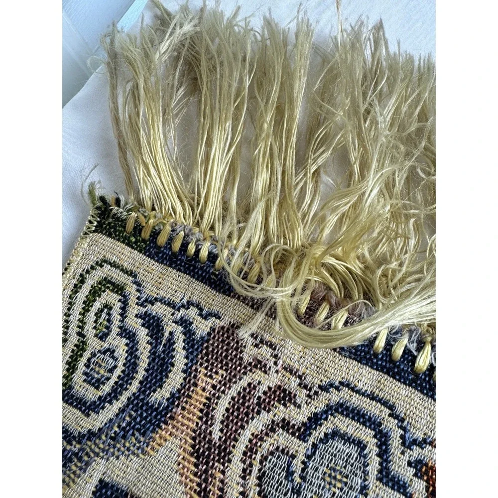 Vintage Woven Tapestry Table Runner Mosque Architecture Floral Fringed Cream